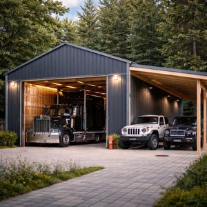 May include: A dark gray metal garage with a black semi-truck parked inside. A white Jeep and a black SUV are parked under a wooden carport. The garage is lit with warm lights, and the scene is set in a wooded area.