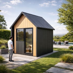 May include: A modern, small outdoor building with a black metal roof and dark gray siding. The front features a light wood panel and large windows. The building is set in a well-manicured yard with a patio and a view of a swimming pool.