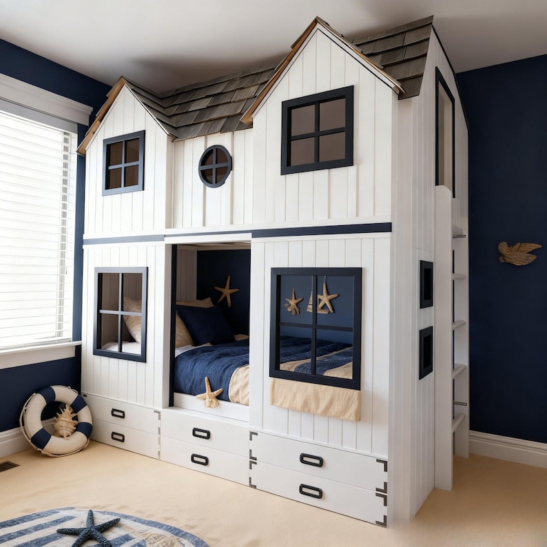 House shaped kids bunk bed plan with ladder blueprint