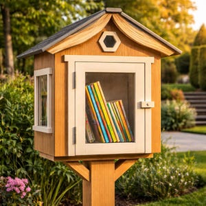 Puede incluir: Una pequeña biblioteca gratuita de madera con techo a dos aguas, una pequeña ventana y una puerta de cristal llena de libros. La biblioteca está montada sobre un poste de madera y rodeada de vegetación.
