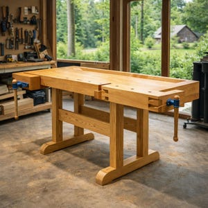 May include: A large, light-colored wooden workbench with a rectangular top and sturdy legs. It features blue handles and vises on each end. The workbench is set in a workshop with tools visible in the background.