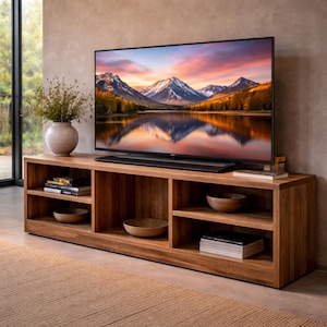 bench with shelf storage plans modern TV cabinet, wooden console table DIY woodworking furniture PDF