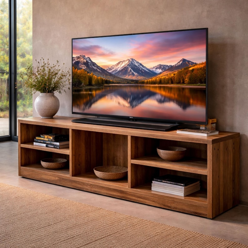 bench with shelf storage plans modern TV cabinet, wooden console table DIY woodworking furniture PDF