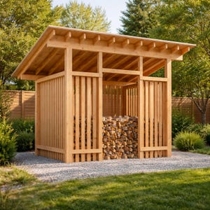 Peut inclure: Un abri de stockage de bois de chauffage en bois avec un toit en pente. L'abri est construit en bois de couleur claire et comporte des lattes verticales sur les côtés. L'intérieur est rempli de bois de chauffage empilé, sur un chemin de gravier.