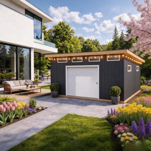 May include: A modern, dark gray shed with a white garage door, set against a backdrop of a contemporary house and a vibrant garden. The shed features small windows and string lights along the roofline, with potted plants on either side of the door.