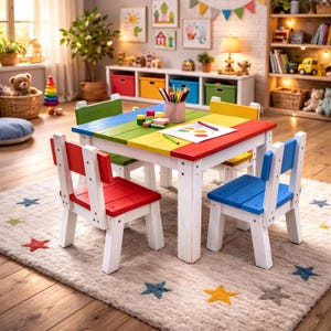 Puede incluir: Un juego de mesa y sillas para niños de colores brillantes. La mesa tiene una parte superior con los colores del arcoíris y patas blancas. Cuatro sillas, cada una con un asiento de diferente color, rodean la mesa.