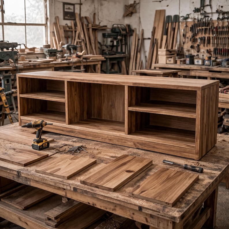 bench with shelf storage plans modern TV cabinet, wooden console table DIY woodworking furniture PDF