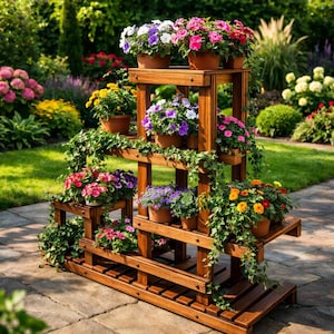 Puede incluir: Un estante de madera de varios niveles con macetas llenas de flores de varios colores, incluyendo rosa, morado, amarillo y naranja. El estante es de madera teñida y está colocado en un patio de piedra en un jardín.