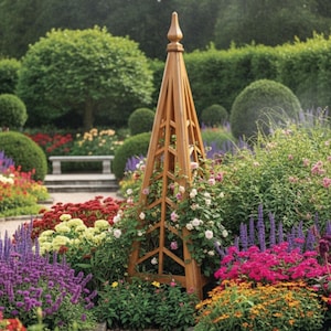 Op de afbeelding: Een houten tuinobelisk met een puntige top, omringd door kleurrijke bloemen en groen. De obelisk heeft een lichtbruine kleur en een latwerkontwerp. De tuin heeft bloemen in tinten rood, roze, paars en geel.
