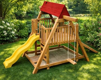 Planos de casita de madera para niños (PDF) y guía de carpintería para casita de madera elevada para niños al aire libre. Descarga digital.