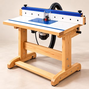 Op de afbeelding: Een bovenfreestafel voor houtbewerking met een licht houten frame en poten, een glad wit tafelblad en een blauwe metalen geleider. De unit bevat een centrale freesmotor, een doorzichtige kunststof beschermkap en een zwarte afzuigslang.
