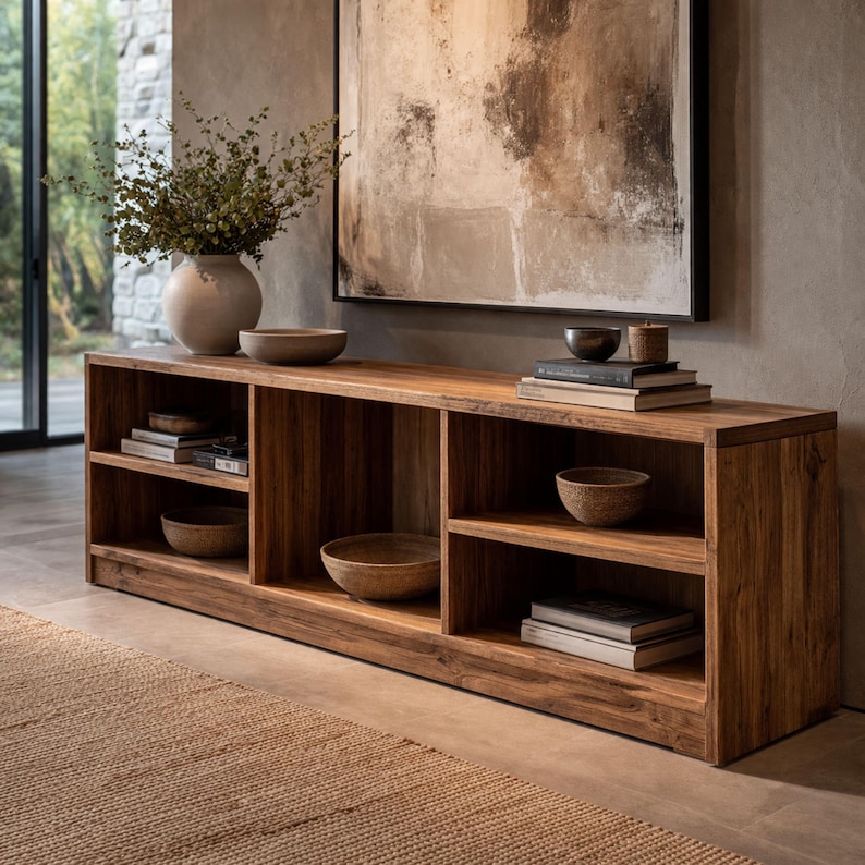 bench with shelf storage plans modern TV cabinet, wooden console table DIY woodworking furniture PDF
