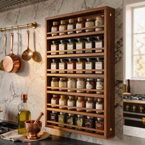 Peut inclure: Un présentoir à épices en bois rempli de nombreux pots en verre contenant diverses épices. Le présentoir est fixé sur un mur en marbre et comporte plusieurs étagères. Les pots ont des étiquettes blanches et sont rangés avec soin. Le présentoir est de couleur marron chaud.