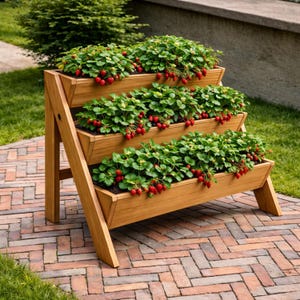 Könnte beinhalten: Ein dreistufiger Holzpflanzer gefüllt mit Erdbeerpflanzen. Der Pflanzer hat ein abgestuftes Design, wobei jede Ebene üppiges grünes Laub und reife rote Erdbeeren enthält. Die Holzkonstruktion ist hellbraun und steht auf einer Ziegelterrasse.