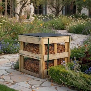 May include: A wooden compost bin with a black corrugated metal roof, filled with dried leaves. The bin is constructed with wooden planks and wire mesh, and secured with a green strap. The bin is in a garden setting.