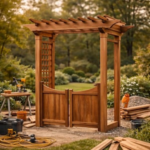Wooden garden gate arbor plan with trellis entry design