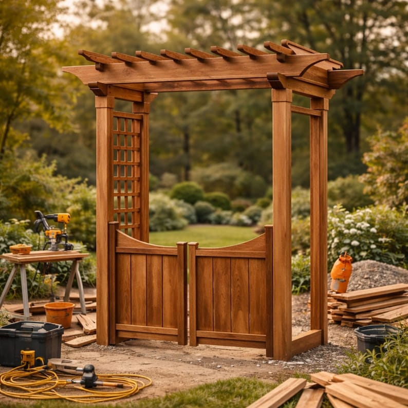 Wooden garden gate arbor plan with trellis entry design
