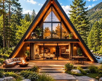 May include: A two-story A-frame house with a dark triangular exterior frame, large glass windows, and a wooden deck. The deck features a sectional sofa, a fire pit, and a dining set. The structure is surrounded by a forest and a rocky stream.