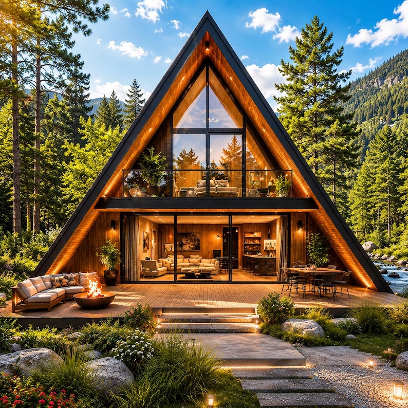 Peut inclure: Une maison en A &agrave; deux &eacute;tages avec une structure triangulaire sombre, de grandes baies vitr&eacute;es et une terrasse en bois. La terrasse comprend un canap&eacute; d'angle, un brasero et une table &agrave; manger. La structure est entour&eacute;e d'une for&ecirc;t et d'un ruisseau.