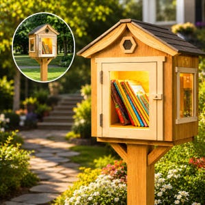 Könnte beinhalten: Ein hölzerner Bücherschrank für den Außenbereich mit Giebeldach, einer aufklappbaren Glastür und einem sechseckigen Fensterdetail. Der Innenraum ist warm beleuchtet und zeigt eine Sammlung bunter Bücher auf einem einzelnen Regalboden.