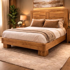 May include: A wooden bed frame with a matching headboard. The bed is made of light-colored wood and features a low profile design. The bed is made up with white sheets, brown pillows, and a fringed throw blanket. A rug is under the bed.