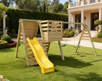 Planos de parque infantil elevado de madera, casa de juegos DIY con columpio (Descarga PDF)