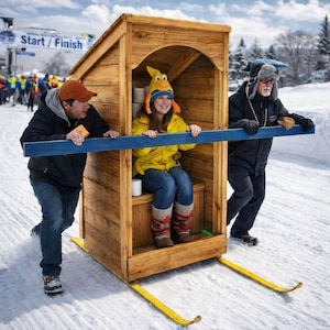 May include: A wooden outhouse on skis is being pushed by two people, with a third person sitting inside. The outhouse is made of light brown wood and has a small roof. The skis are yellow. The text "Start / Finish" is visible in the background.