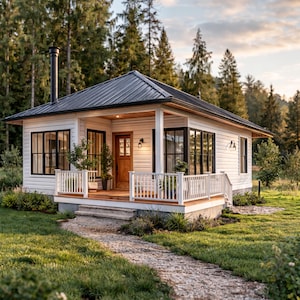 Può includere: Un piccolo cottage bianco con tetto in metallo nero e portico in legno. Il cottage ha finestre con cornice nera e una porta in legno. Un sentiero di pietra conduce al portico, circondato da erba verde e alberi.