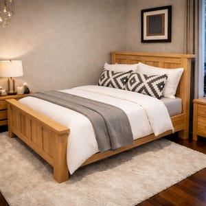 May include: A light-colored wooden bed frame with a headboard and footboard. The bed is made up with white bedding, a gray throw, and decorative pillows. A beige rug is on the floor.