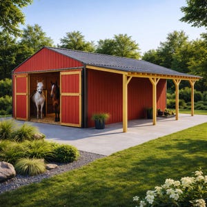 Op de afbeelding: Een rode schuur met een zwart dak en houten accenten. Twee paarden staan in de open schuurdeuren. De schuur heeft een overdekte veranda met houten steunen. Landschapsarchitectuur met gras en bomen.
