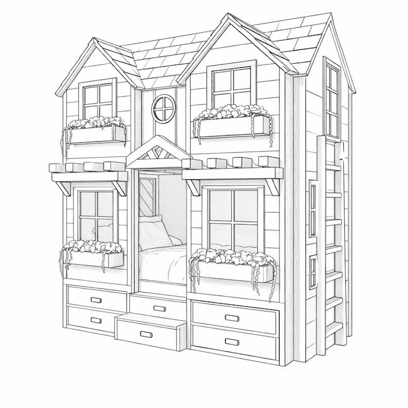 House shaped kids bunk bed plan with ladder blueprint