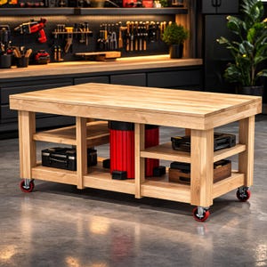 May include: A large, light-colored wooden workbench with two lower shelves and red-wheeled casters. The workbench has a rectangular top and is designed for a workshop or garage setting. Black toolboxes and red cylinders are visible.