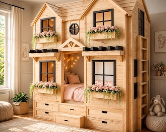 House Bunk Bed Plans | DIY Playhouse Kids Bed with Ladder Blueprint PDF
