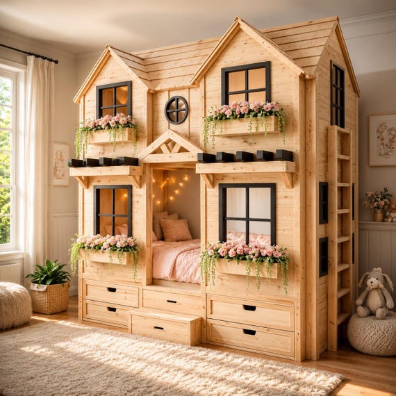 House Bunk Bed Plans | DIY Playhouse Kids Bed with Ladder Blueprint PDF