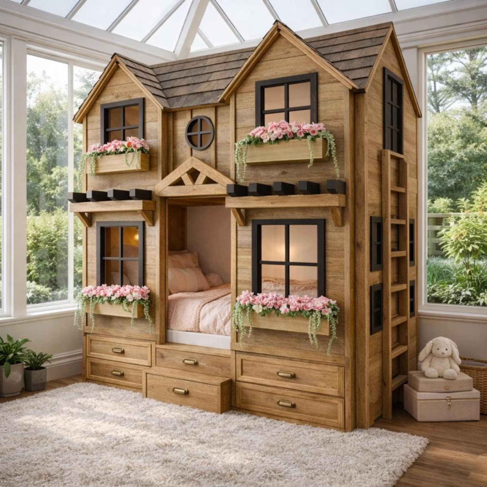 House Double Bunk Bed Plans, Playhouse Kids Bed With Ladder (PDF ...