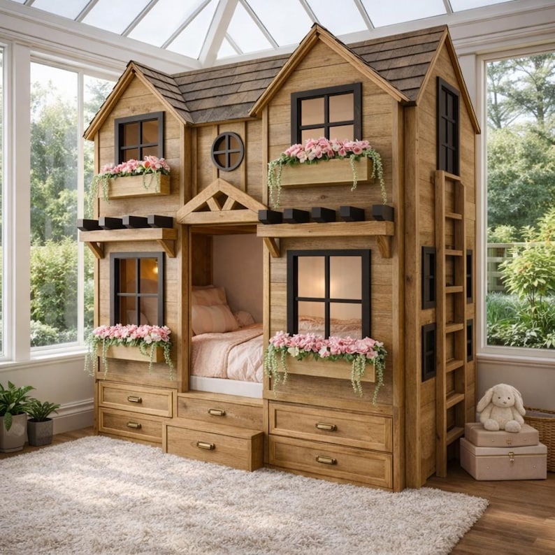 House shaped kids bunk bed plan with ladder blueprint