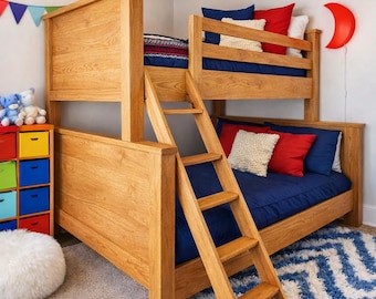 Planos de literas estilo granja, camas individuales sobre camas matrimoniales, cama infantil de madera DIY (descarga digital)