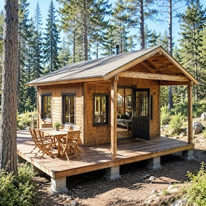 May include: A small, wooden cabin with a porch and deck, nestled in a forest. The cabin has a shingled roof, black-framed windows, and a set of double doors. A wooden table and chairs are set up on the deck. The cabin is surrounded by tall trees.
