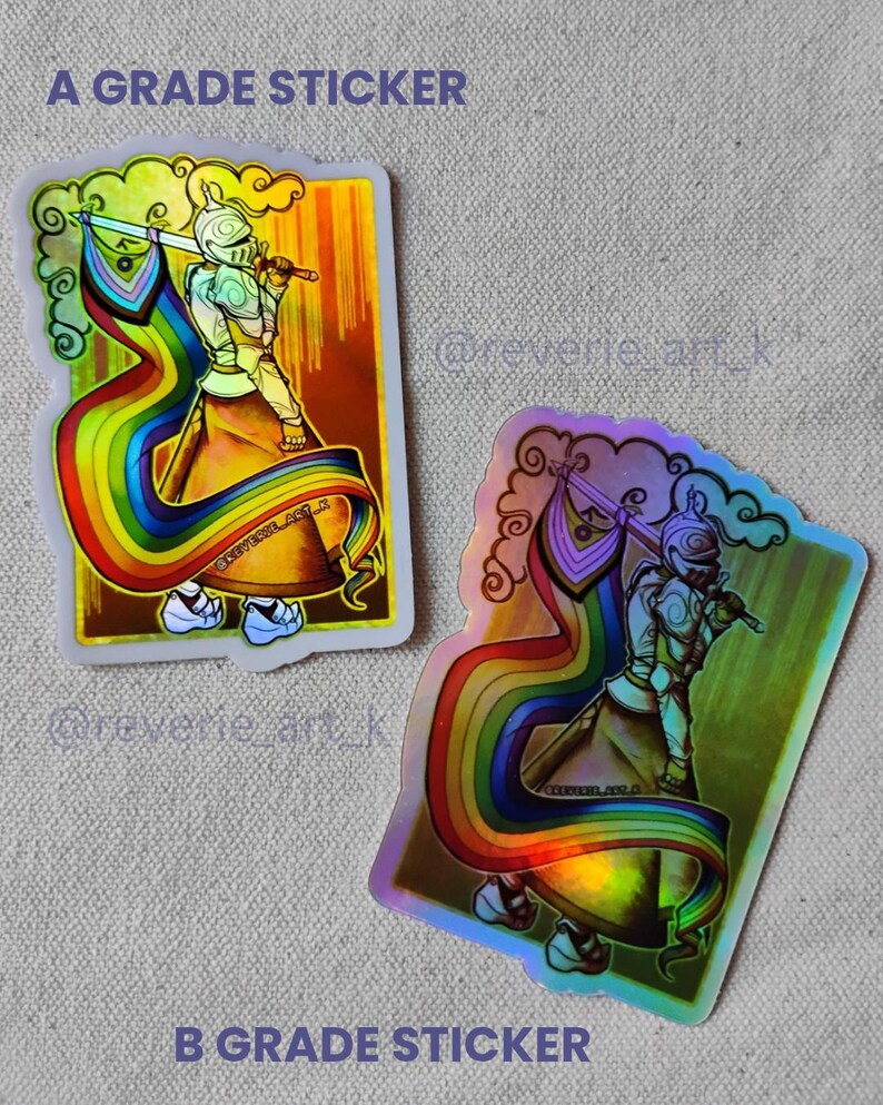 May include: Two holographic stickers featuring a knight holding a sword and a rainbow banner. The stickers have the text "A GRADE STICKER" and "B GRADE STICKER". The knight is wearing armor and sneakers. The background is a gradient of gold and green.
