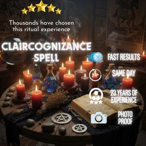 Könnte beinhalten: Eine mystische Szene mit brennenden Kerzen, Zaubertränken und einem offenen Buch mit den Worten "CLAIRCOGNIZANCE SPELL". Das Bild enthält den Text "Thousands have chosen this ritual experience", "FAST RESULTS", "SAME DAY" und "PHOTO PROOF".