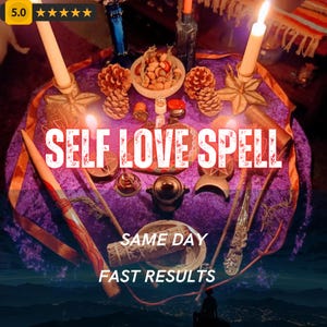 Könnte beinhalten: Ein lila Tuch mit verschiedenen Gegenständen, darunter Kerzen, Tannenzapfen und kleine Schalen. Der Text "SELF LOVE SPELL" ist deutlich zu sehen, zusammen mit "SAME DAY" und "FAST RESULTS".