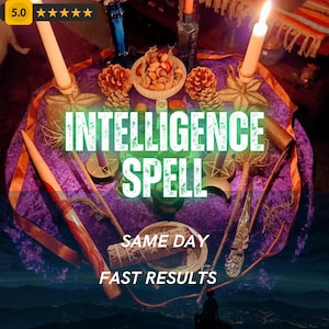 May include: A mystical arrangement featuring a purple cloth, candles, and various ritual objects. The text "INTELLIGENCE SPELL" is prominently displayed, along with "SAME DAY" and "FAST RESULTS". The scene is lit with warm, inviting light, suggesting a focus on spiritual practices.