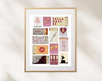 May include: A framed print featuring a grid of matchboxes with various designs. The matchboxes display images and text, including a lipstick print, stars, and the word "MEMORIES". The frame is gold.