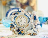 Vintage Linden Porcelain Blue White French Couple Wind Up Alarm Clock