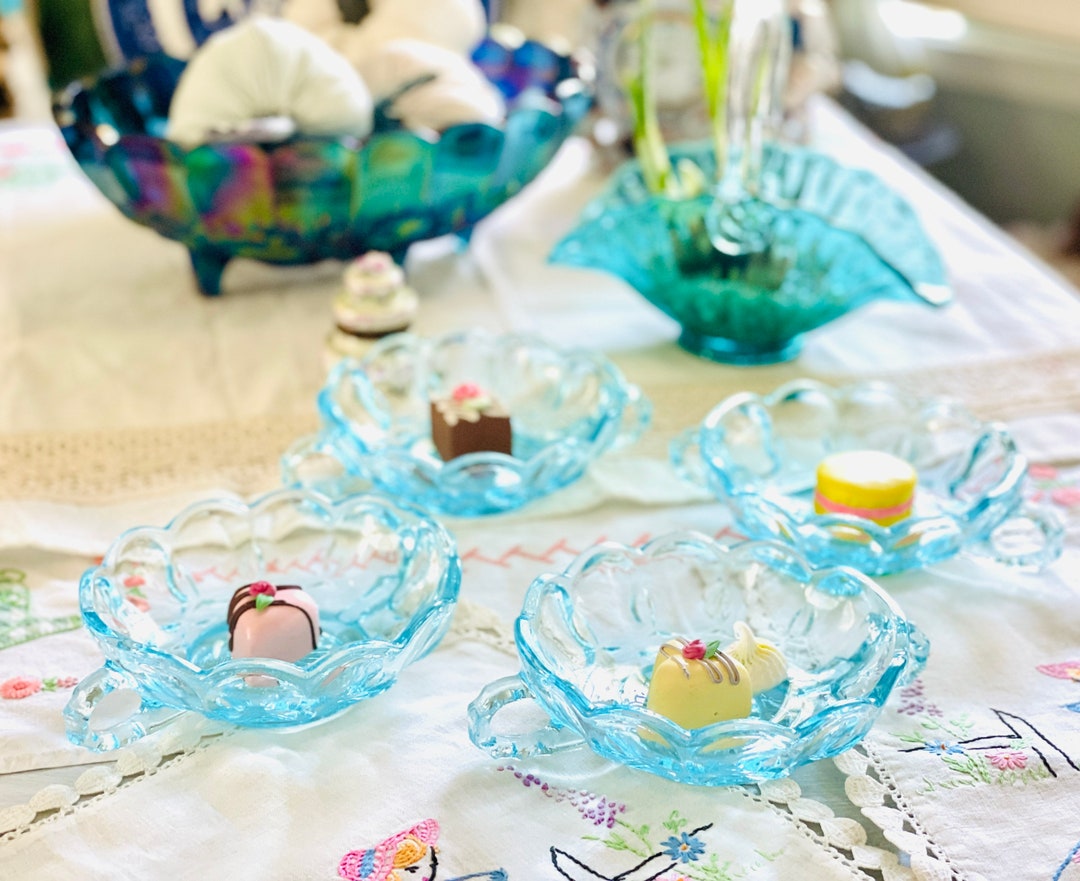 Vintage Blue Glass Soup Bowls With Double Handles FREE DOMESTIC