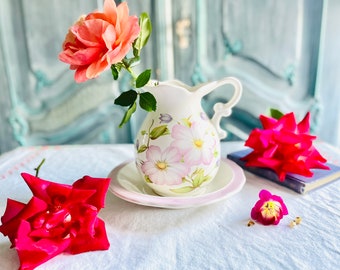 Vintage Pink Vase Pitcher and Wash Bowl Set in Pink Floral - Made in USA