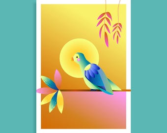 Sunset Bird Print, Colorful Botanical Poster, Tropical Wall Decor