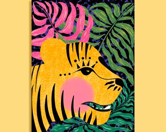Tiger Jungle Art Print, Colorful Jungle Poster, Wall Decor, Tropical Animal Illustration
