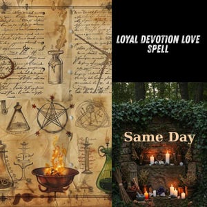 Op de afbeelding: Een afbeelding met een collage van mystieke elementen. Het bevat handgeschreven notities, alchemistische symbolen, een brandende vuurpot en een stenen altaar met kaarsen. Tekst luidt "LOYAL DEVOTION LOVE SPELL" en "Same Day".