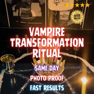 Może przedstawiać: Obraz z tekstem "VAMPIRE TRANSFORMATION RITUAL" w kolorze czerwonym i białym. Obraz zawiera małą miskę z liśćmi, srebrny kubek i małe butelki. Widoczne są również słowa "SAME DAY", "PHOTO PROOF" i "FAST RESULTS".